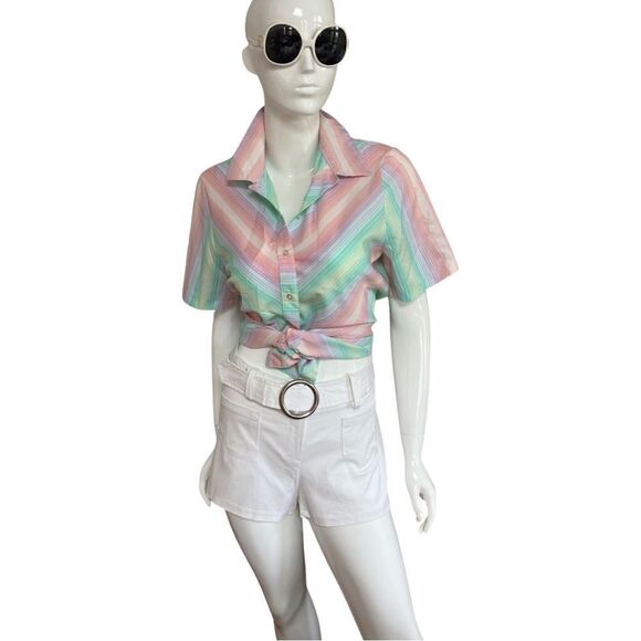 KILLER Vintage 1970s Pastel Rainbow Stripe Button Down Blouse - Picture 11 of 11